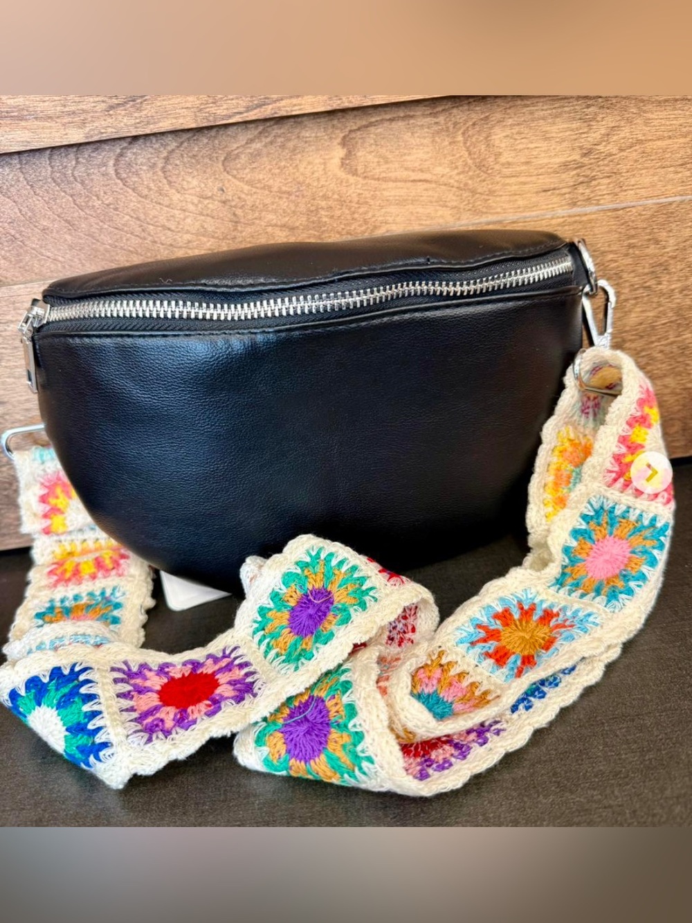 Moda Luxe Stylette Black Belt Bag Crochet Crossbody Strap Boho Hippie Chic NEW